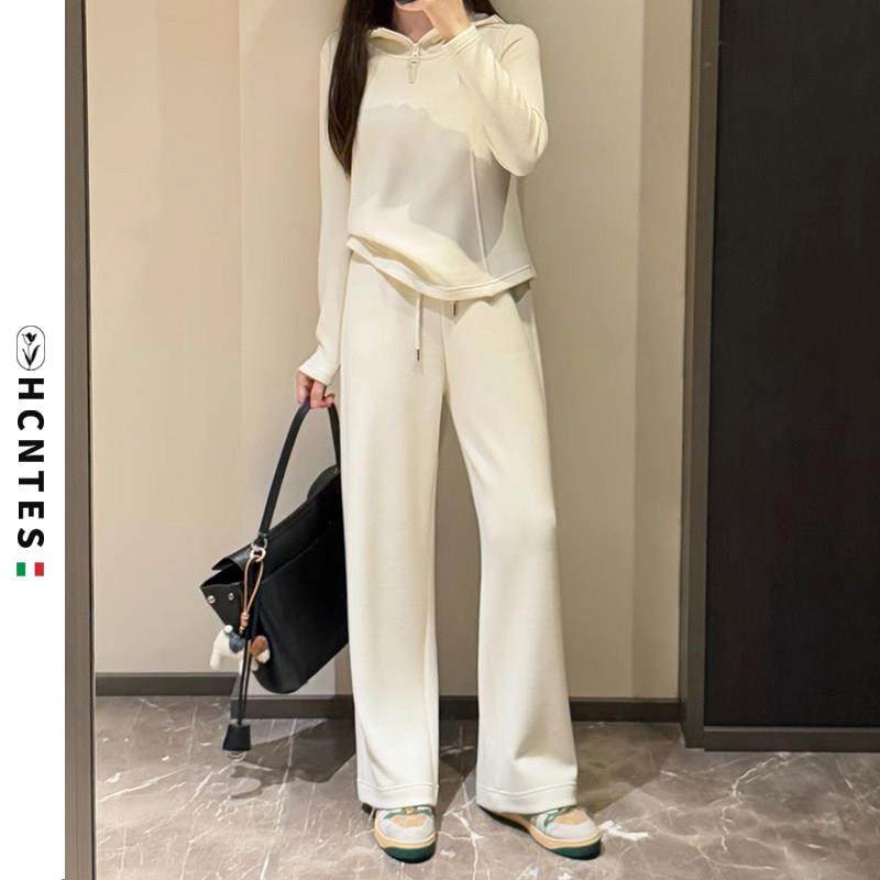 HCNTES休闲套装女2025春季新款显瘦连帽卫衣垂感羊绒阔腿裤两件套