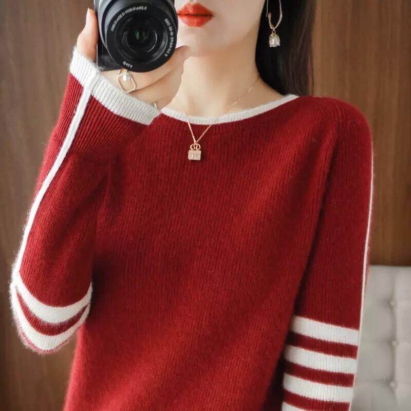 云朵般软糯柔感！圆领拼色 宽松百搭套头羊毛针织打底衫毛衣秋冬