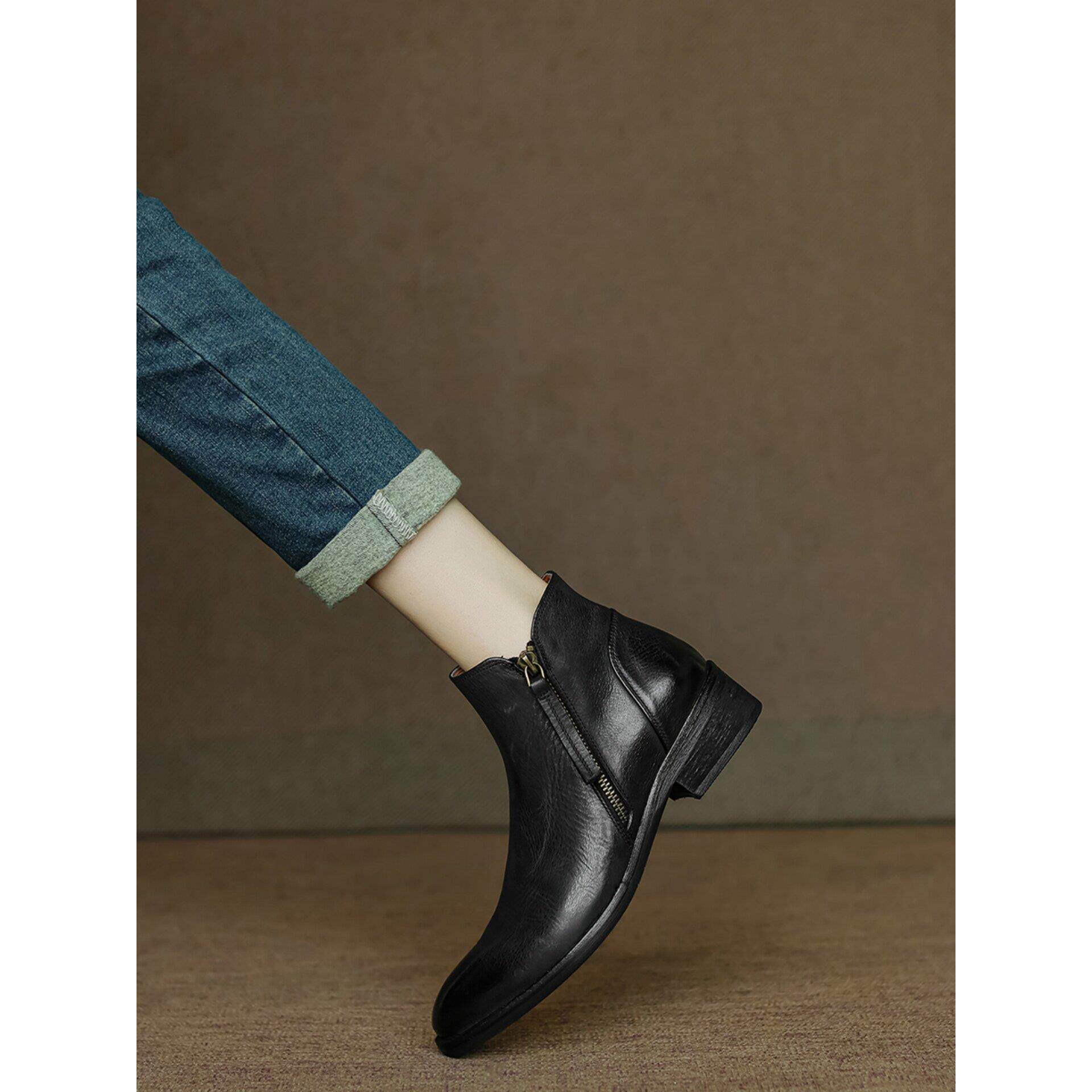 TOUCH MISS时尚英伦风双拉炼短靴女中粗跟及踝靴覆古感女切尔西靴