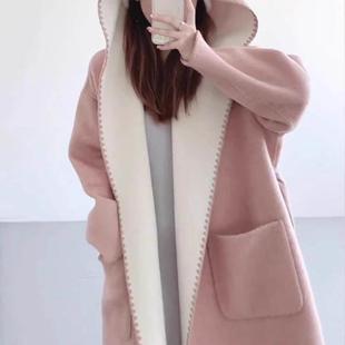 Capacity Kiss双面羊绒大衣女连帽秋冬粉色洋气大码宽松毛呢外套
