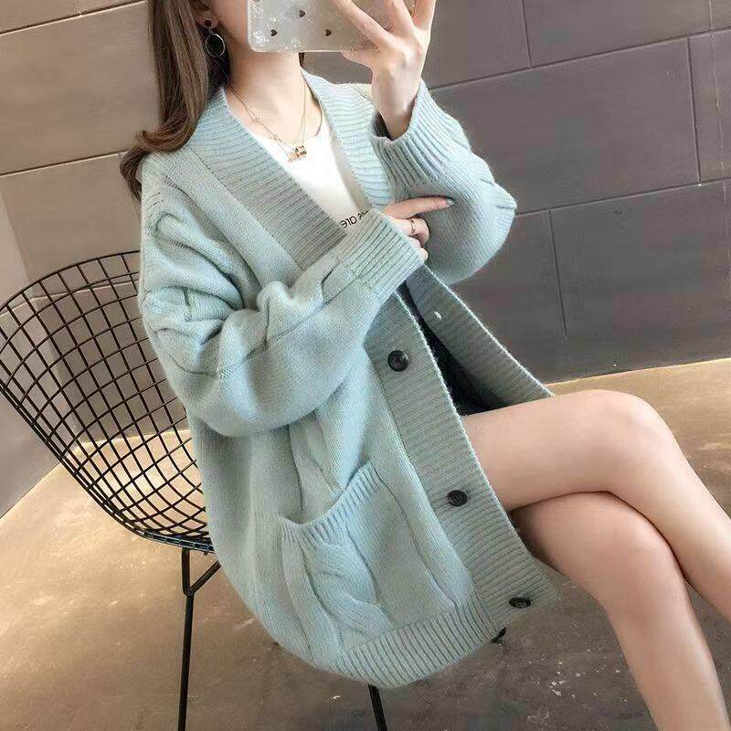 MJAE时尚慵懒风中长款麻花毛衣外套女春秋百搭大口袋针织开衫外穿