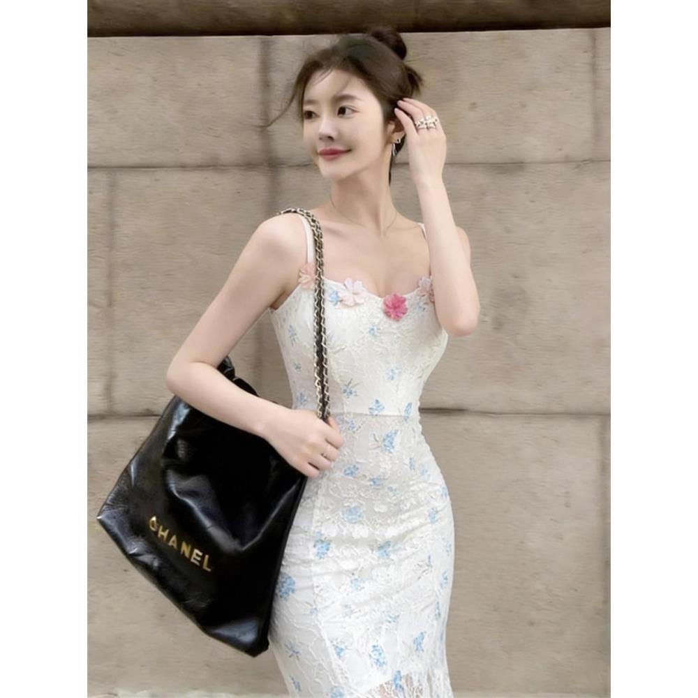 ROUJE KORA温柔风碎花吊带连衣裙女夏蕾丝网纱拼接鱼尾包臀长裙子