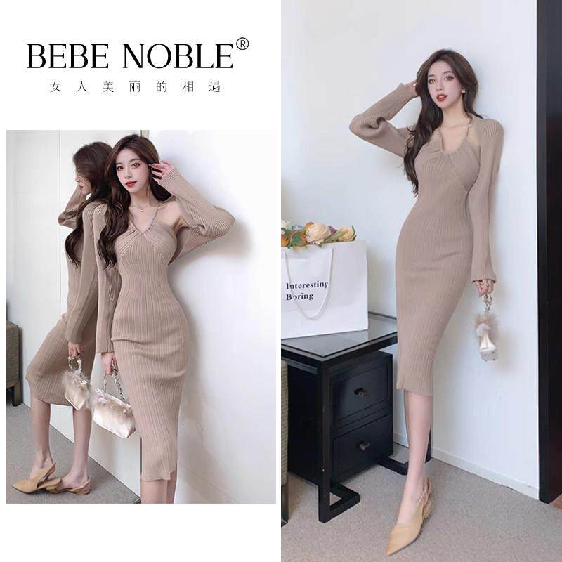 BEBE NOBLE高级感套装女士秋冬吊带挂颈针织洋装长袖开衫两件套