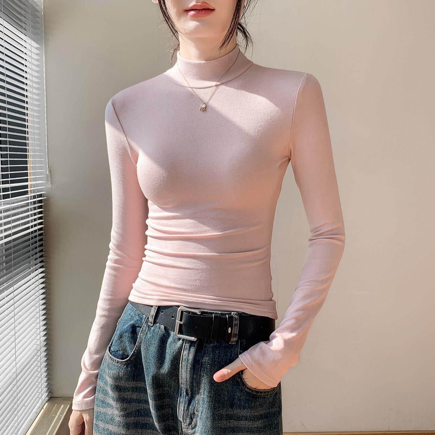 SPYB粉色半高领打底衫女士秋冬修身显瘦内搭早春新款紧身T恤上衣