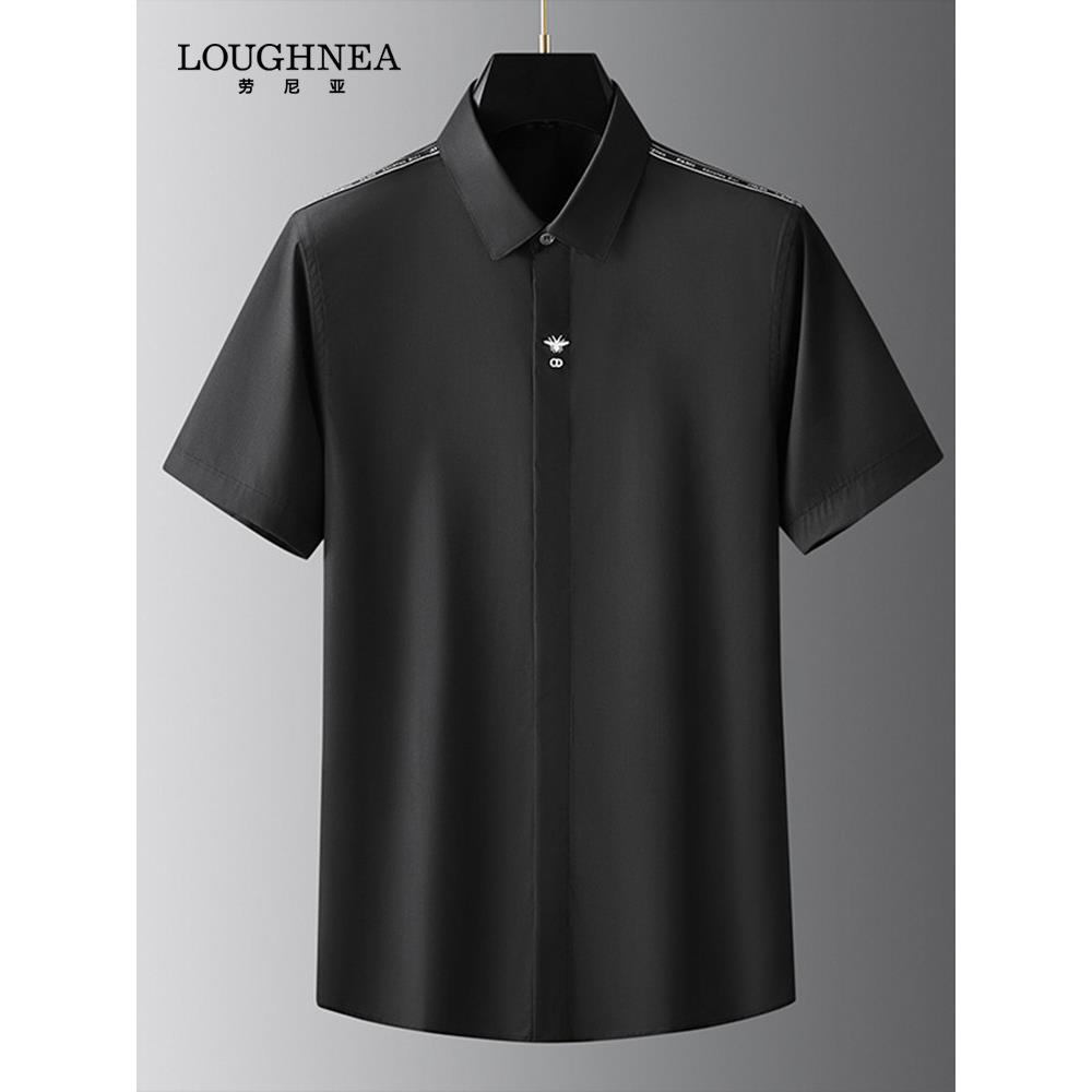 LOUGHNEA高端门襟蜜蜂刺绣黑色衬衫男士短袖夏季休闲免烫半袖衬衣