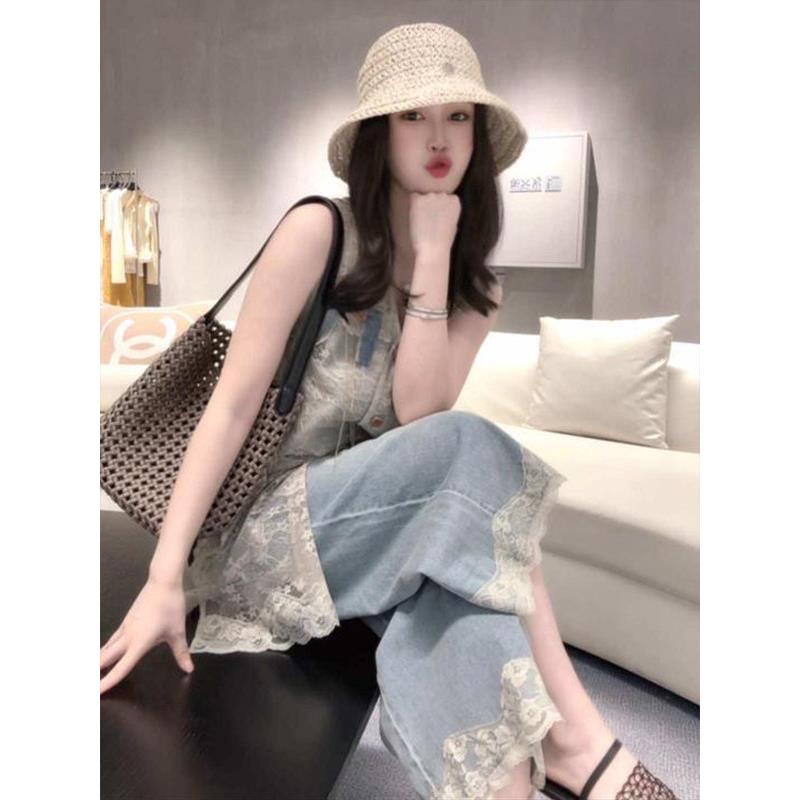 SPYB大方得体一整套女夏季新款新中式镂空马甲罩衫牛仔裤两件套装