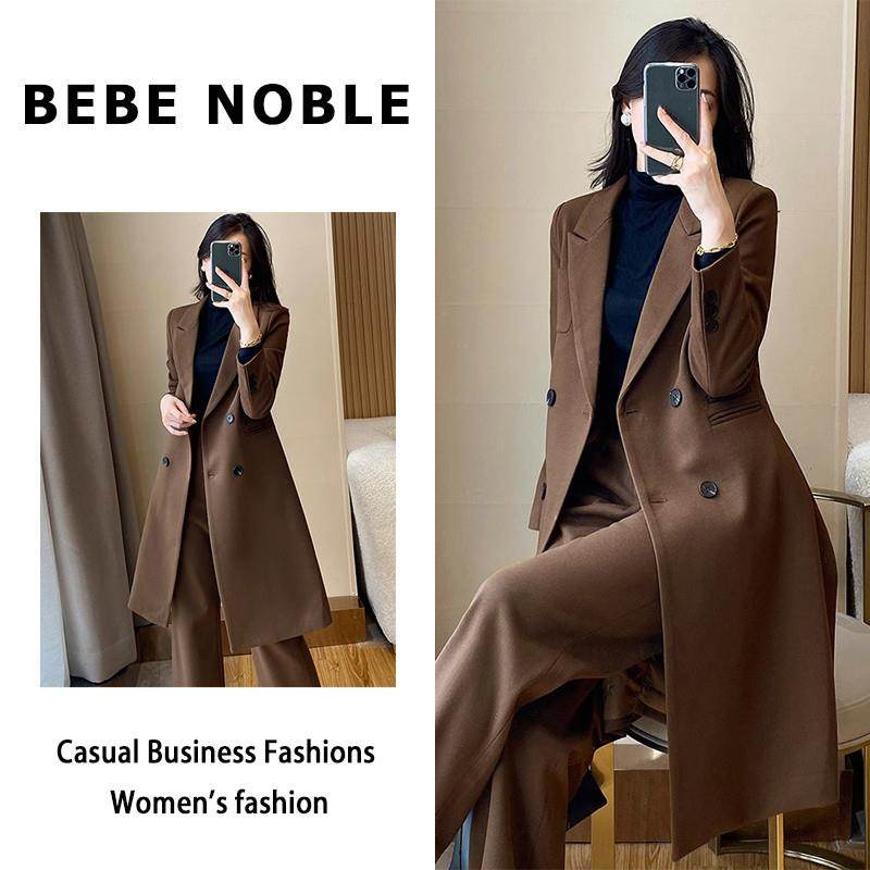 BEBE NOBLE高端中长款毛呢西装外套女2024秋冬加厚风衣职业套装