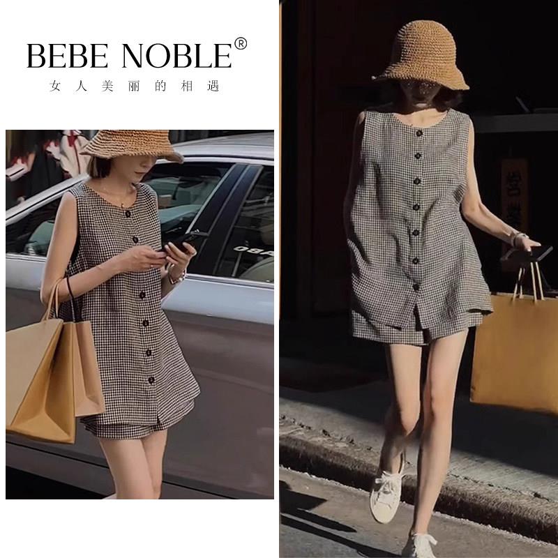 BEBE NOBLE夏装搭配一整套欧货漂亮时尚黑白格子亚麻马甲套装裤女