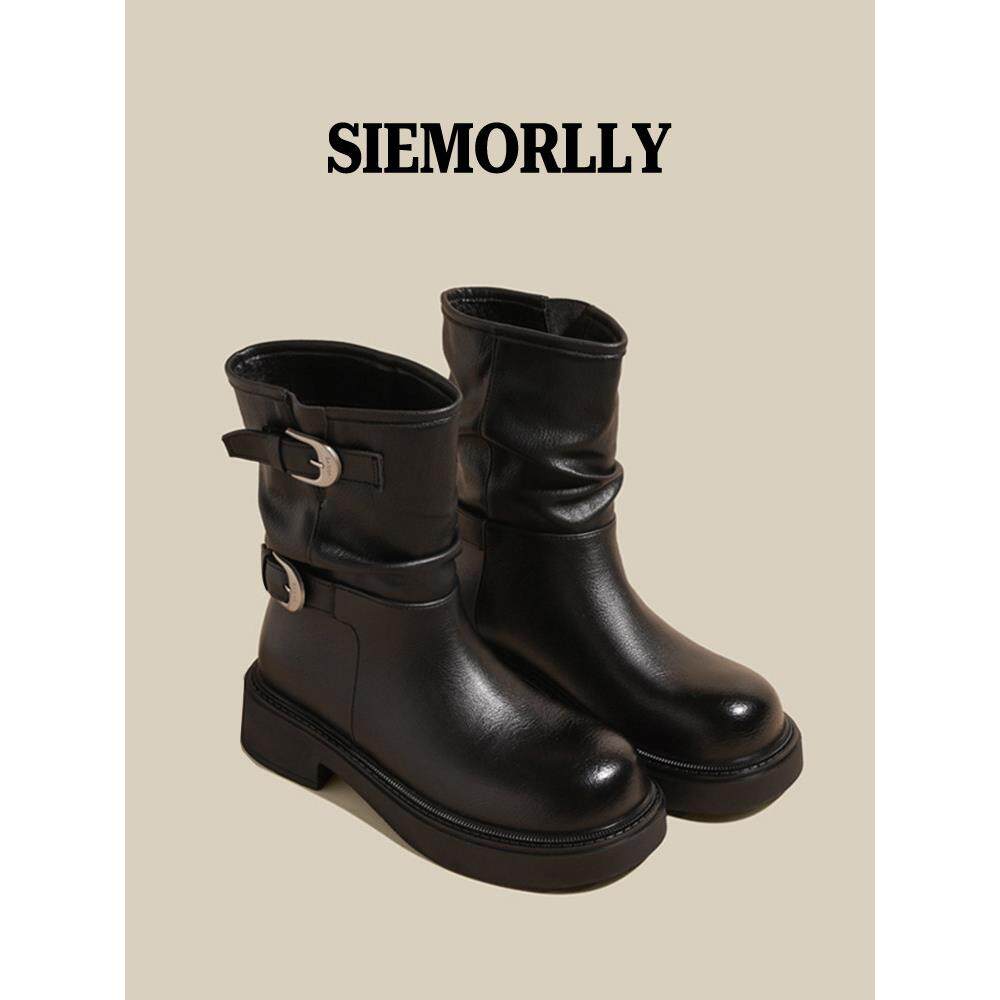 西木林马丁靴女2025秋季新款8cm内增高厚底黑色覆古擦色机车短靴