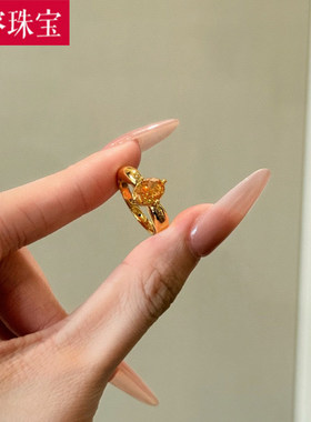 5D硬金黄金鸽子蛋戒指女999足金点钻镶嵌黄钻指环纯金食指戒送礼