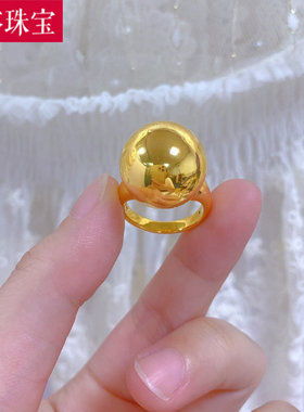 5D硬金黄金光珠戒指女999足金ins风个性时尚光面珠珠纯金指环送礼