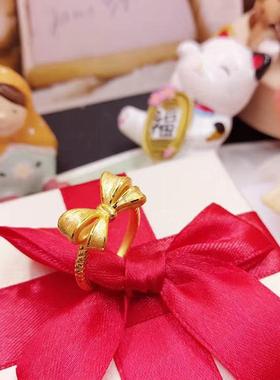 3D硬金黄金蝴蝶结戒指999足金时尚女款拉丝麻花戒指指环尾戒