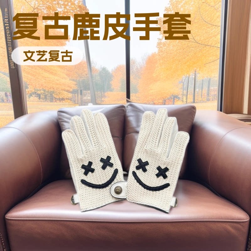 复古鹿皮真皮机车笑脸手套哈雷凯旋摩托车四季手套触屏白色手套男
