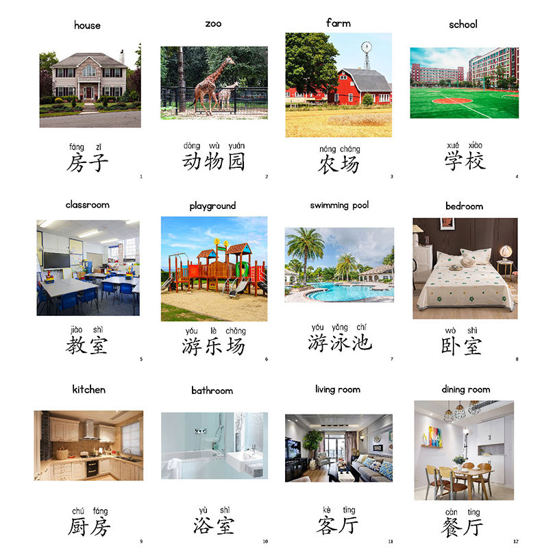 场所空间地点认知单词卡片早教儿童启蒙英语识字训练闪卡教师教具