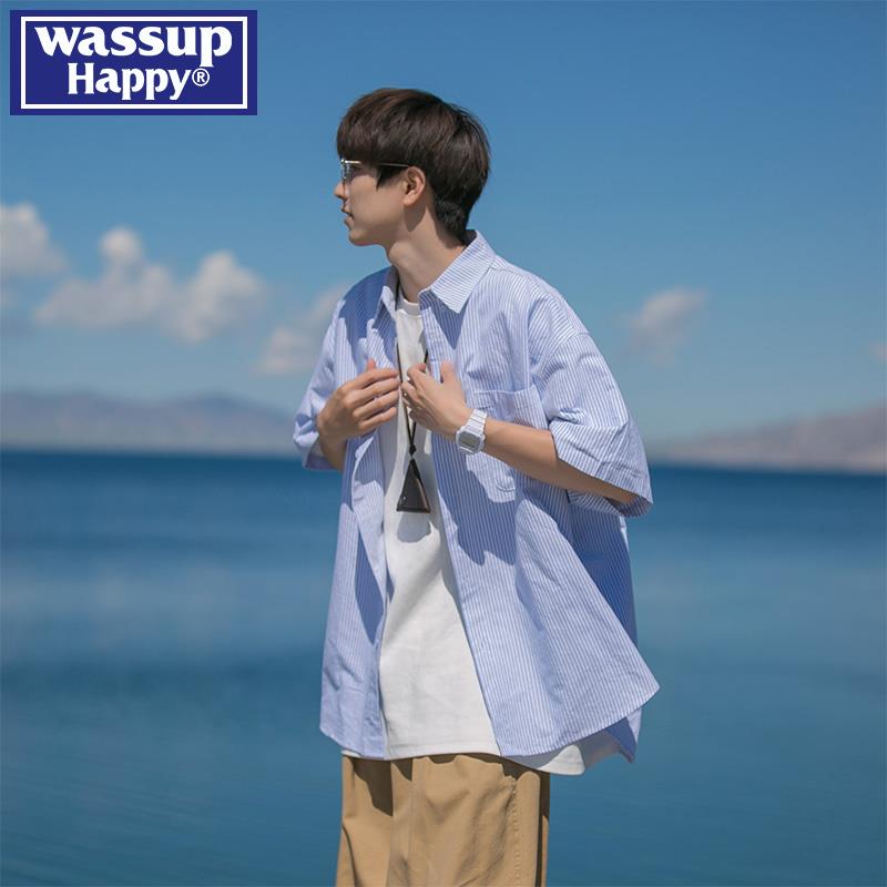 wassup happy日系条纹短袖衬衫男士夏季薄款休闲衬衣宽松潮牌外套
