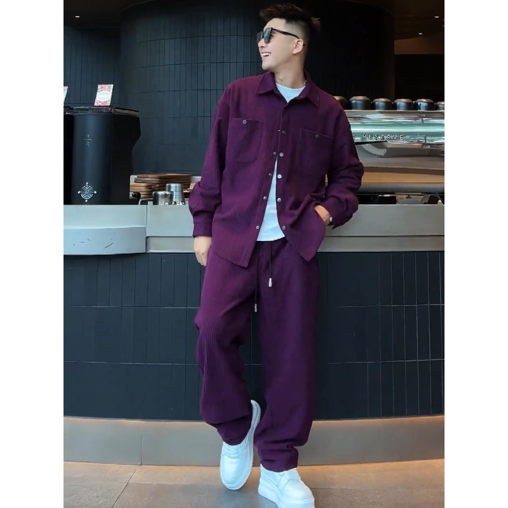 春秋新款坑条纹休闲套装男时尚痞帅翻领衬衫外套直筒休闲裤两件套