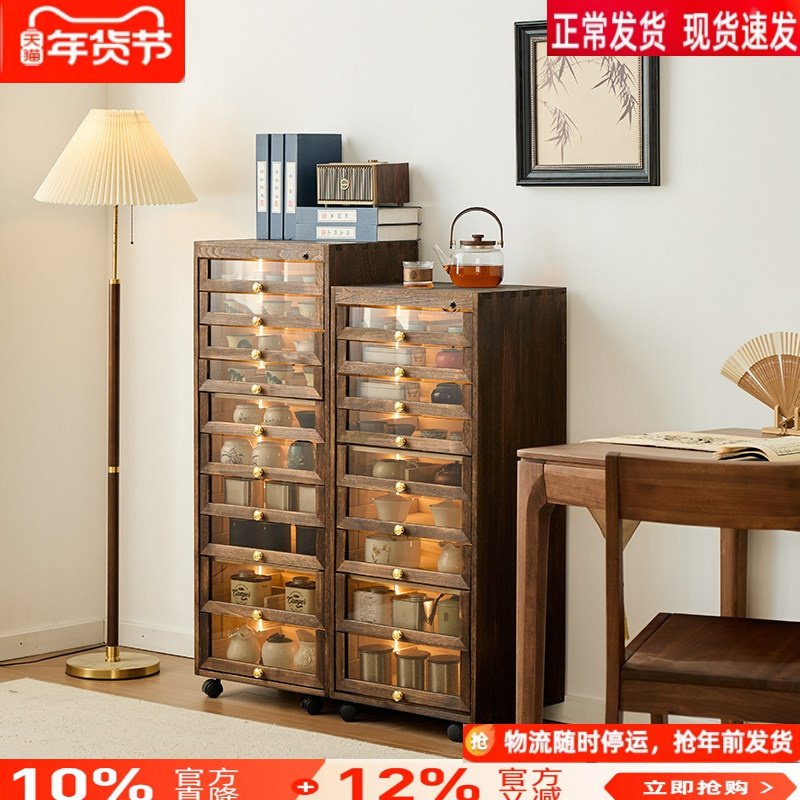 带灯展示柜北美实木牙科柜落地茶水柜茶具柜中古文玩柜收纳首饰柜,住宅家具,可移动边柜,淘宝优惠券,粉丝福利购,淘宝优惠卷