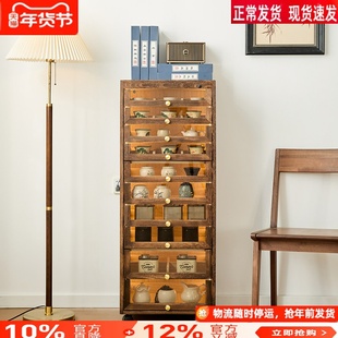 博古架带灯牙科柜实木中式文玩收纳柜落地黑胡桃色边柜茶水茶具柜