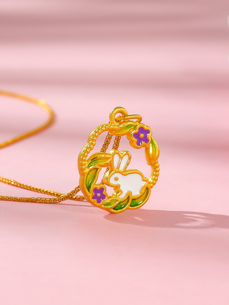 黄金花环兔吊坠3d硬金生肖月桂兔挂坠999足金兔子项链送女友礼物