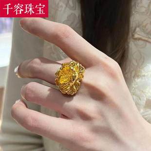 5D硬金黄金牡丹花戒指女999足金大气花朵指环纯金食指戒送礼