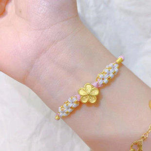 999足金小桃花黄金手链3D硬金转运珠本命红绳手绳纯金送女友礼物