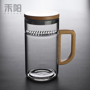 禾阳 耐热玻璃月牙绿茶杯办公泡茶杯家用茶水分离带盖过滤水杯子