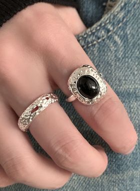 一恋甜酷叠戴破碎感戒指女黑色椭圆精致百搭开口指环ins风个性食