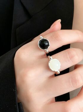 黑白精致戒指女ins风小众设计感个性气质优雅开口指环网红食指戒