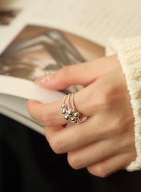 一恋多层线条圆珠戒指女百搭创意设计感移动圆珠开口指环小众食指