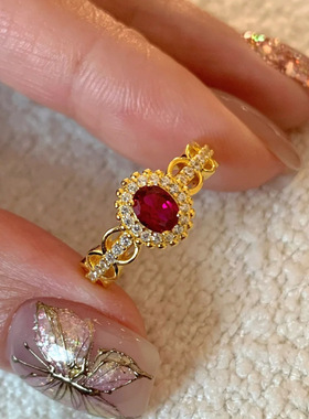 一恋宫廷风气质红色戒指女百搭时尚优雅开口指环叠戴食指