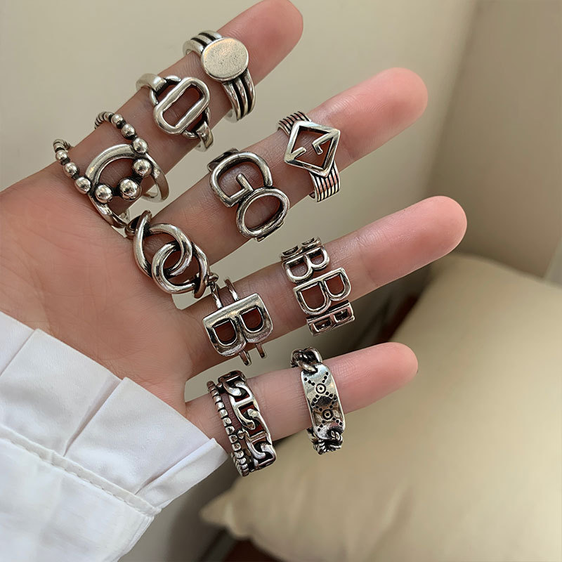 一恋韩版字母B戒指女复古时尚个性几何开口指环GO嘻哈食指戒