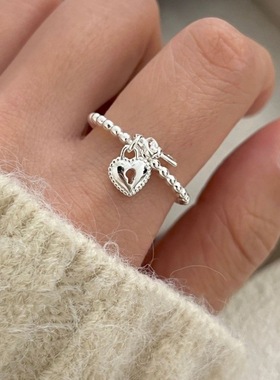 一恋甜美钥匙爱心吊坠戒指女简约时尚小众设计感ins开口指环食指