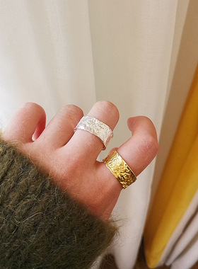一恋韩版复古凹凸面戒指女欧美个性简约宽面金银锡箔纸学生开口食