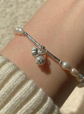 一恋精致珍珠竹节手链女简约气质民族风莲蓬双生花并蒂莲手