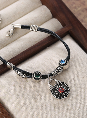 一恋复古挂锁吊坠手链女编织绳个性百搭几何手环做旧嘻哈