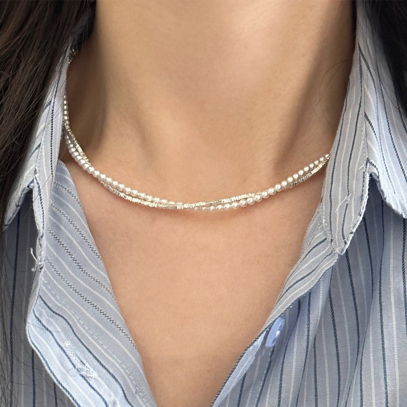 一恋双层碎银珍珠项链女简约时尚气质优雅S925银锁骨链百搭颈链手