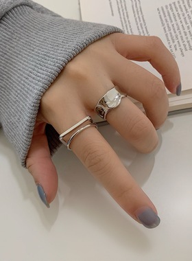 一恋日韩简约双层线条戒指女复古时尚几何不规则开口指环食指戒