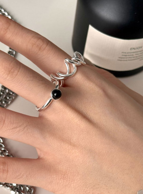 一恋黑色小圆珠戒指女几何线条螺旋不规则开口指环ins食