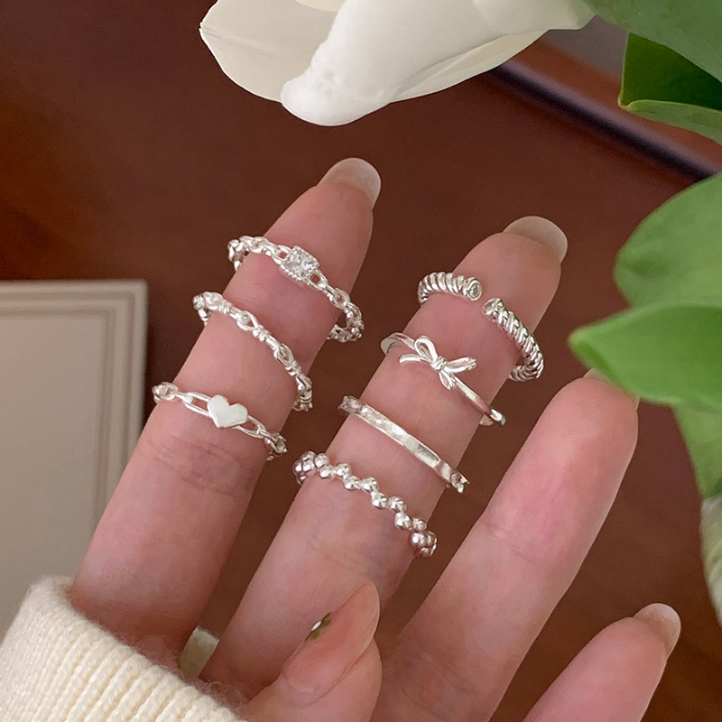 一恋甜美叠戴戒指女细圈百搭精致蝴蝶结爱心开口指环ins风网红食