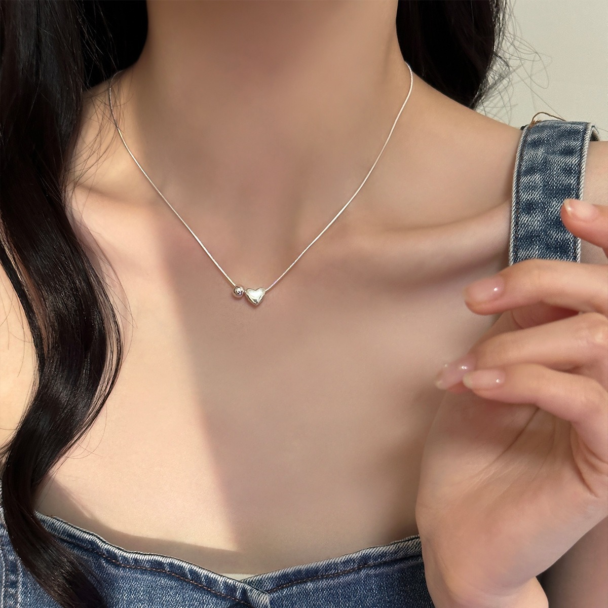 一恋甜美小巧爱心项链女几何圆珠百搭时尚个性锁骨链ins颈