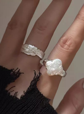 一恋甜酷风花朵仿珍珠戒指女个性时尚设计创意开口指环食指戒