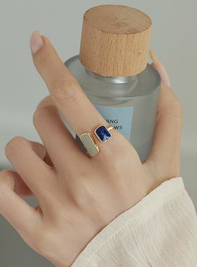 一恋静谧蓝色滴釉戒指女几何方形