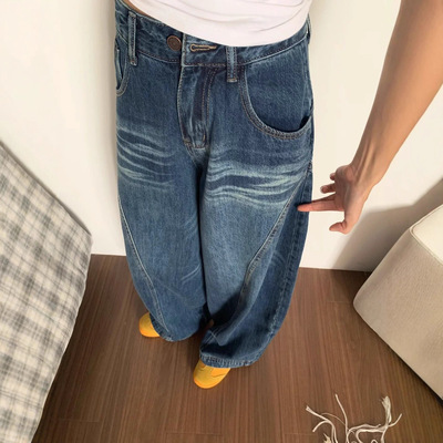 美式水洗弯刀牛仔裤女2025春夏新款高腰宽松显瘦垂感直筒镰刀裤