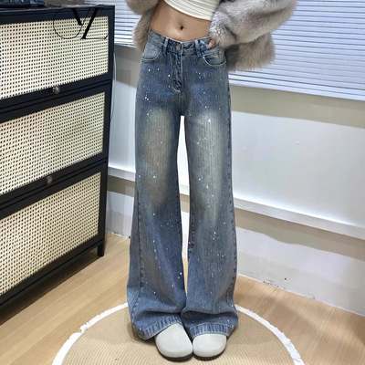 复古蓝烫钻加绒阔腿牛仔裤女2025秋冬新款宽松垂感显瘦爆闪拖地裤