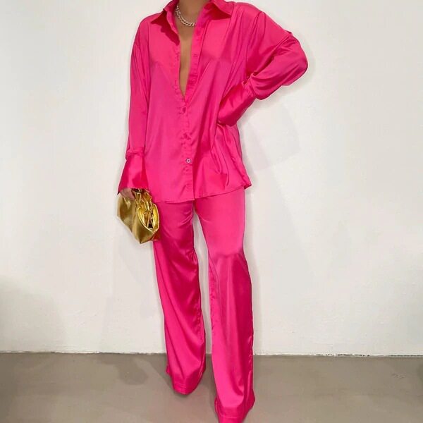 Women Casual Shirt Pants Set 欧美女时尚色丁休闲衬衫裤子套装