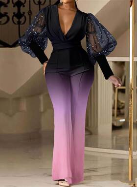 女气质欧美时尚彩色渐变连体裤V-neck mesh sleeve jumpsuit
