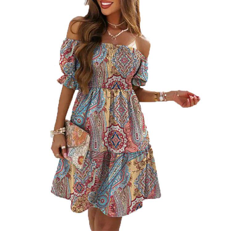 夏季新品一字领扎染菊花树叶羽毛印花收腰褶皱短袖连衣裙女DRESS
