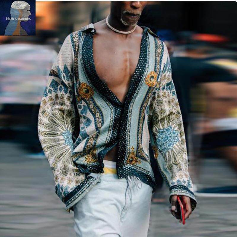 men T-shirt复古街头潮牌衬衣痞帅欧美风薄款长袖衬衫2023男装夏
