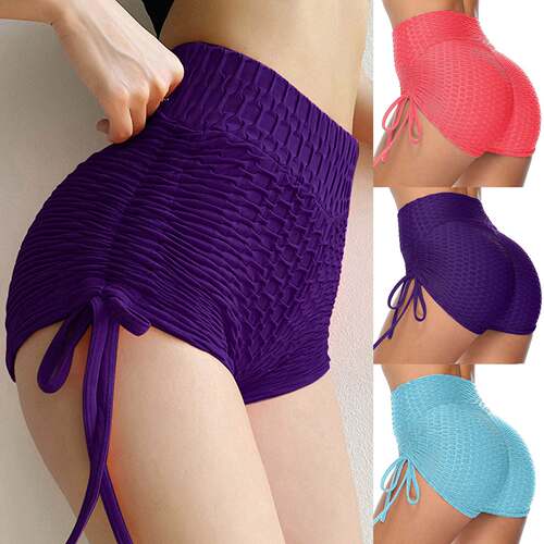 rinkled Drawstring Biker Shorts Yoga Pants Leggings Gym Girl