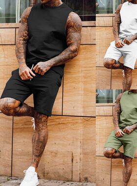 2023夏季新款欧美男士休闲套装运动背心健身短裤两件套潮Men suit